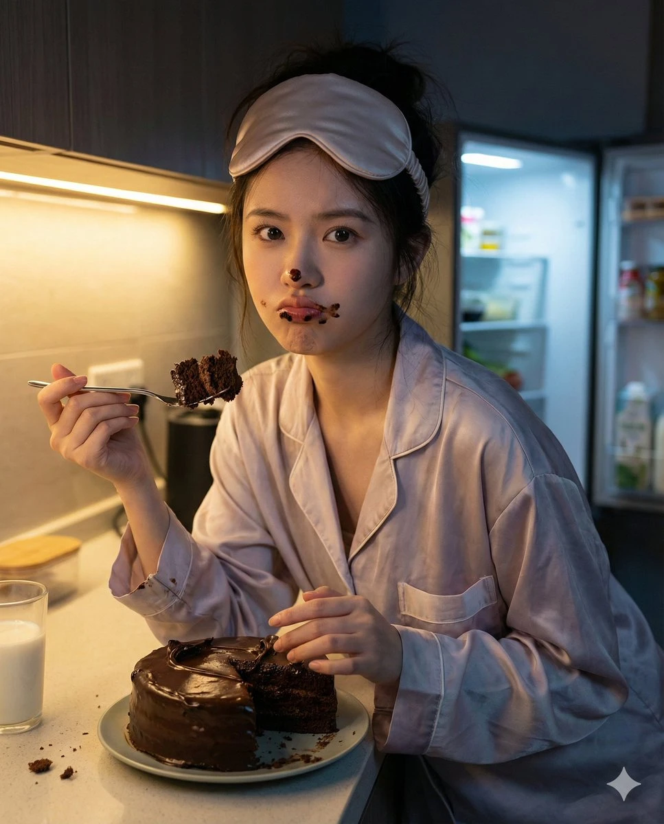 深夜偷吃巧克力蛋糕被拍的俏皮少女