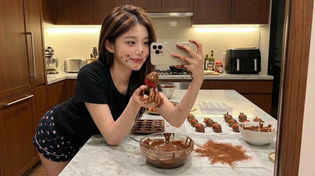 巧克力厨房自拍:俏皮少女与甜点的美味瞬间
