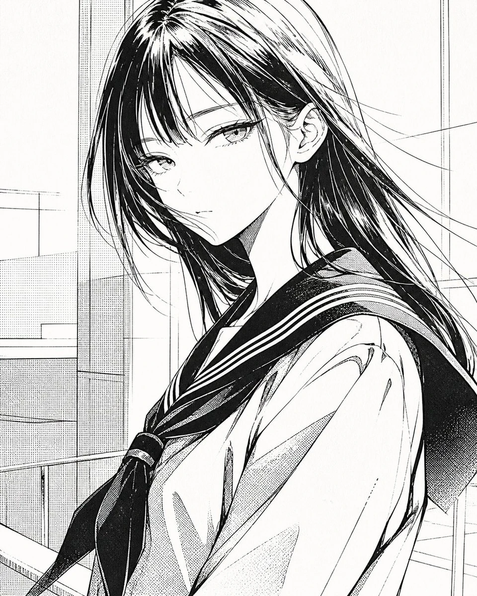 黑白漫画风格女高中生