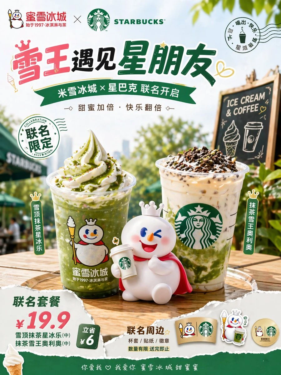 蜜雪冰城星巴克联名饮品海报
