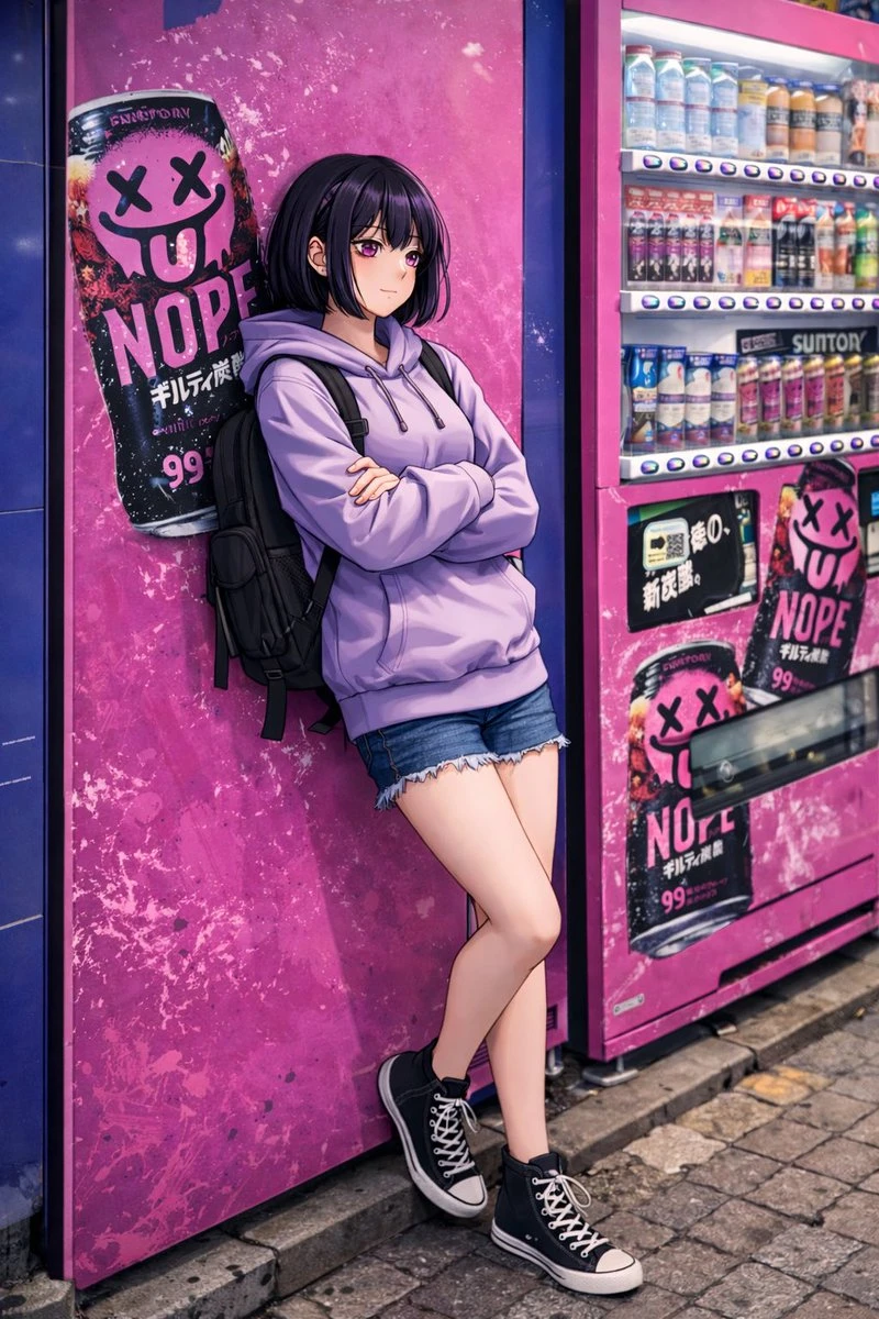 动漫少女倚靠粉色自动贩卖机