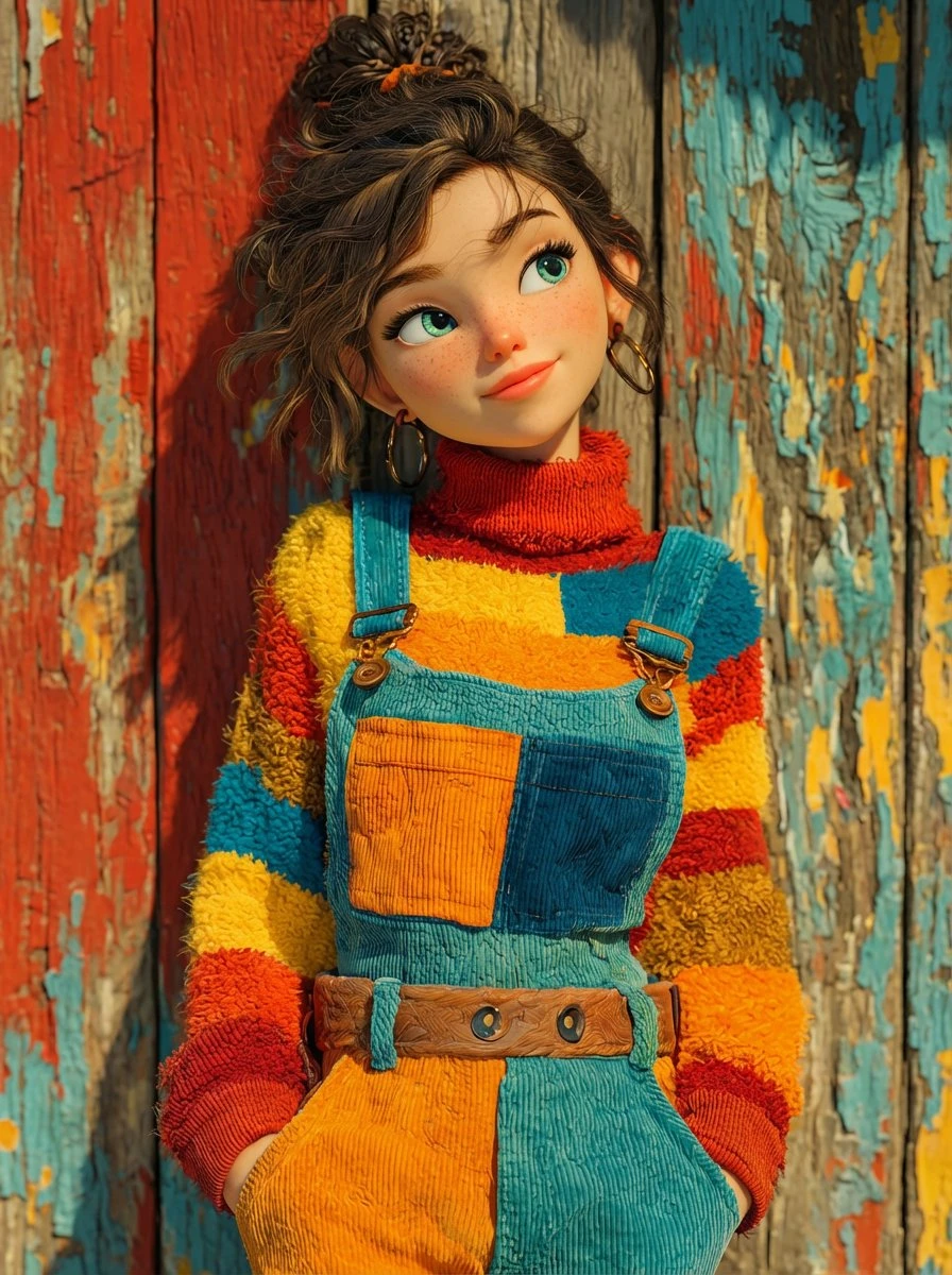 梦幻少女肖像:温暖光影下的复古木墙前,色彩斑斓的服饰与柔和表