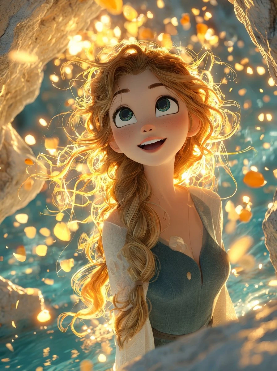 梦幻3D动画少女,金光环绕,童话氛围,高细节 Pixar 风