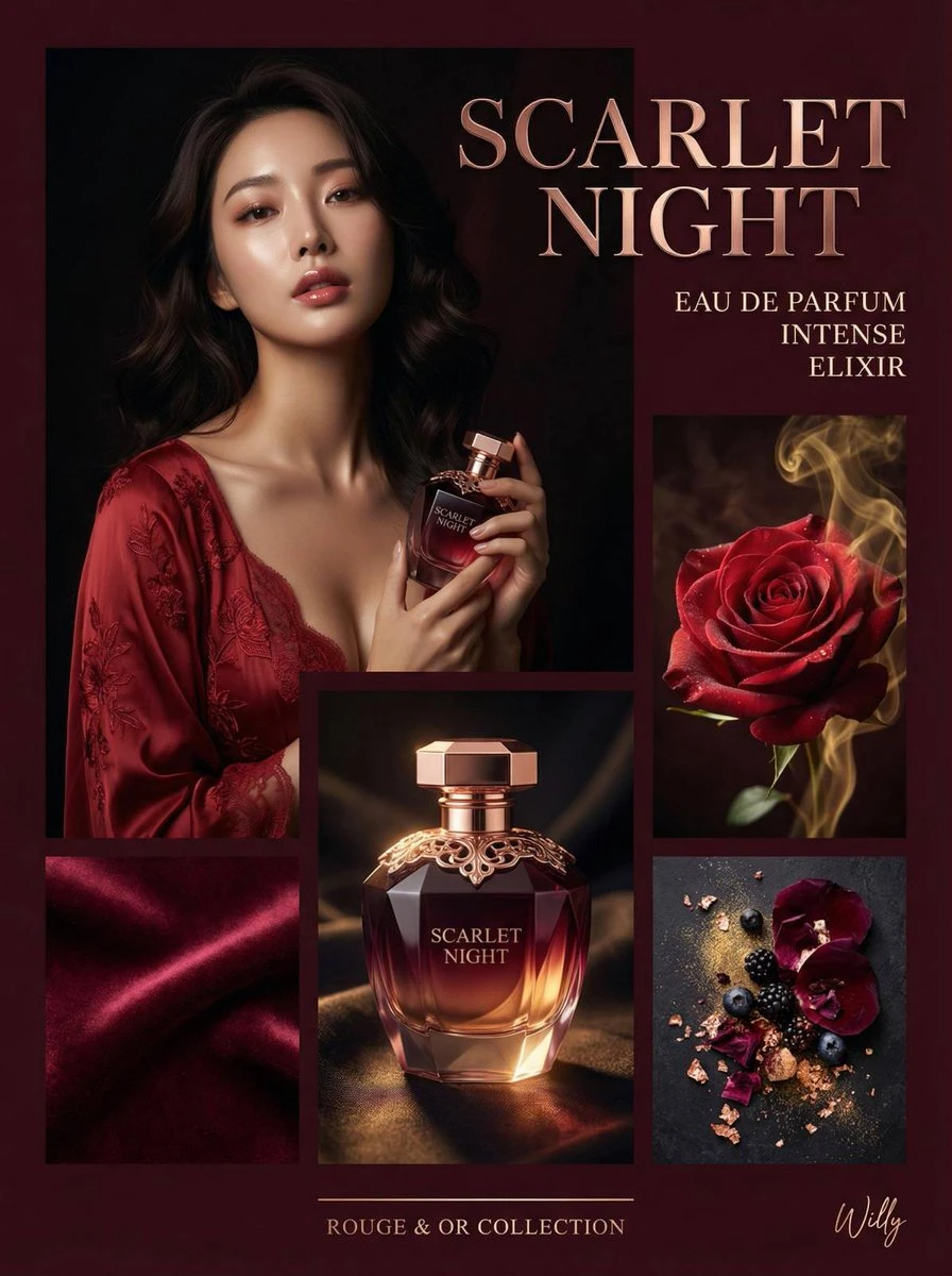 奢华香水广告大片,红金配色,电影感光影,韩系美人演绎神秘魅惑