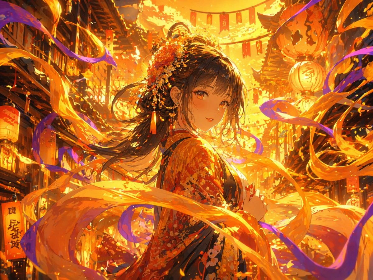 金色流光古风少女动漫场景