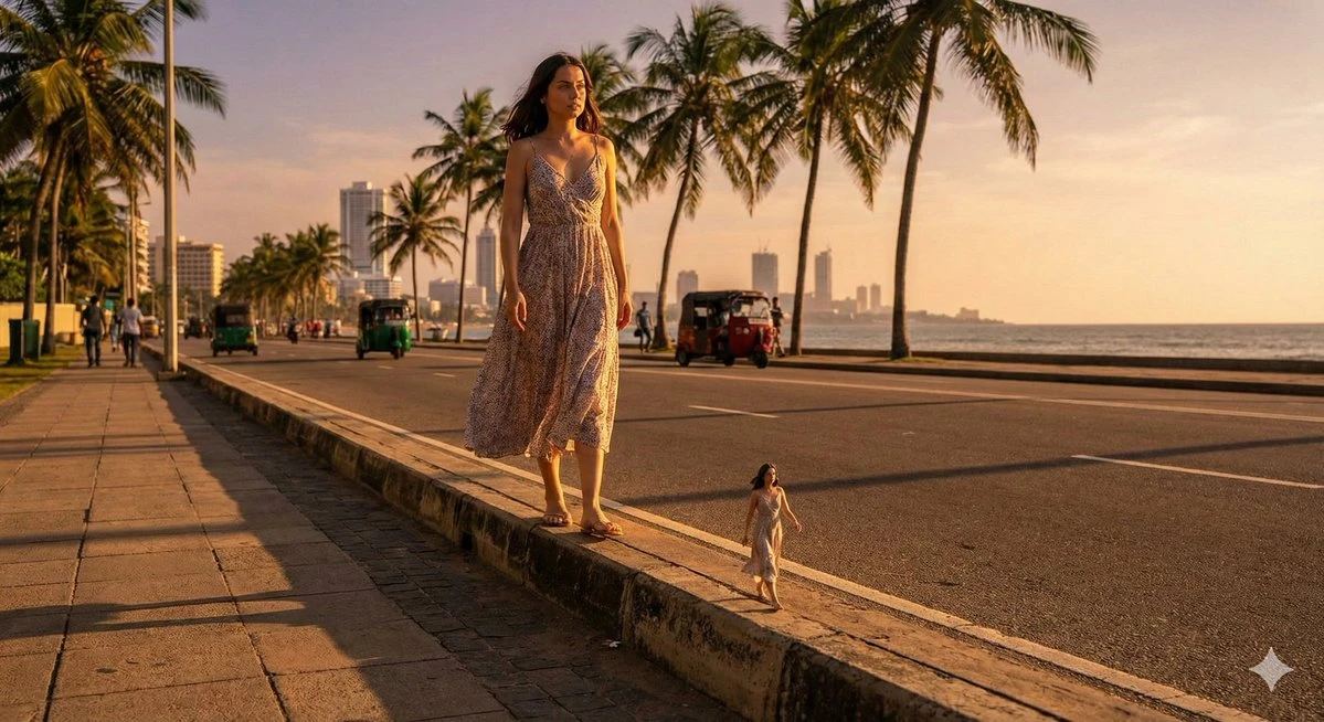 巨女漫步海滨公路,袖珍分身同行