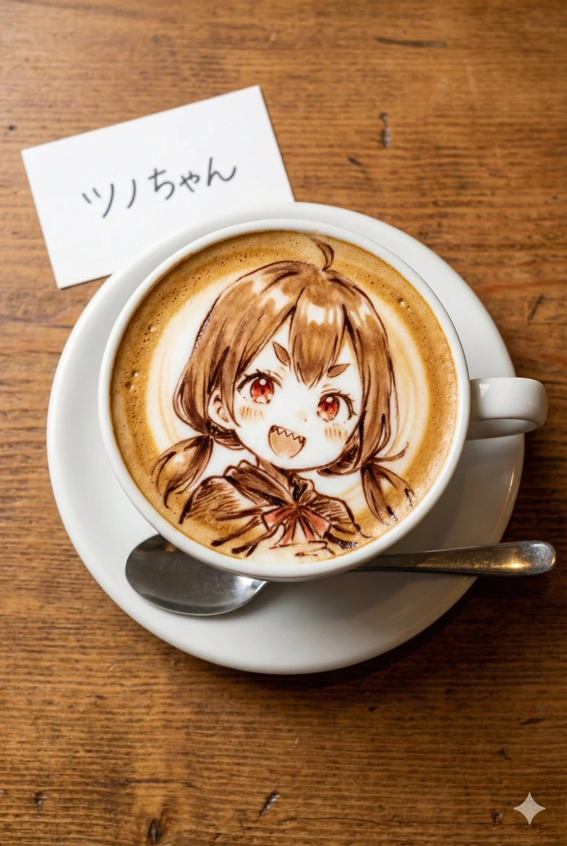 咖啡拉花艺术:动漫角色“ツノちゃん”定制设计