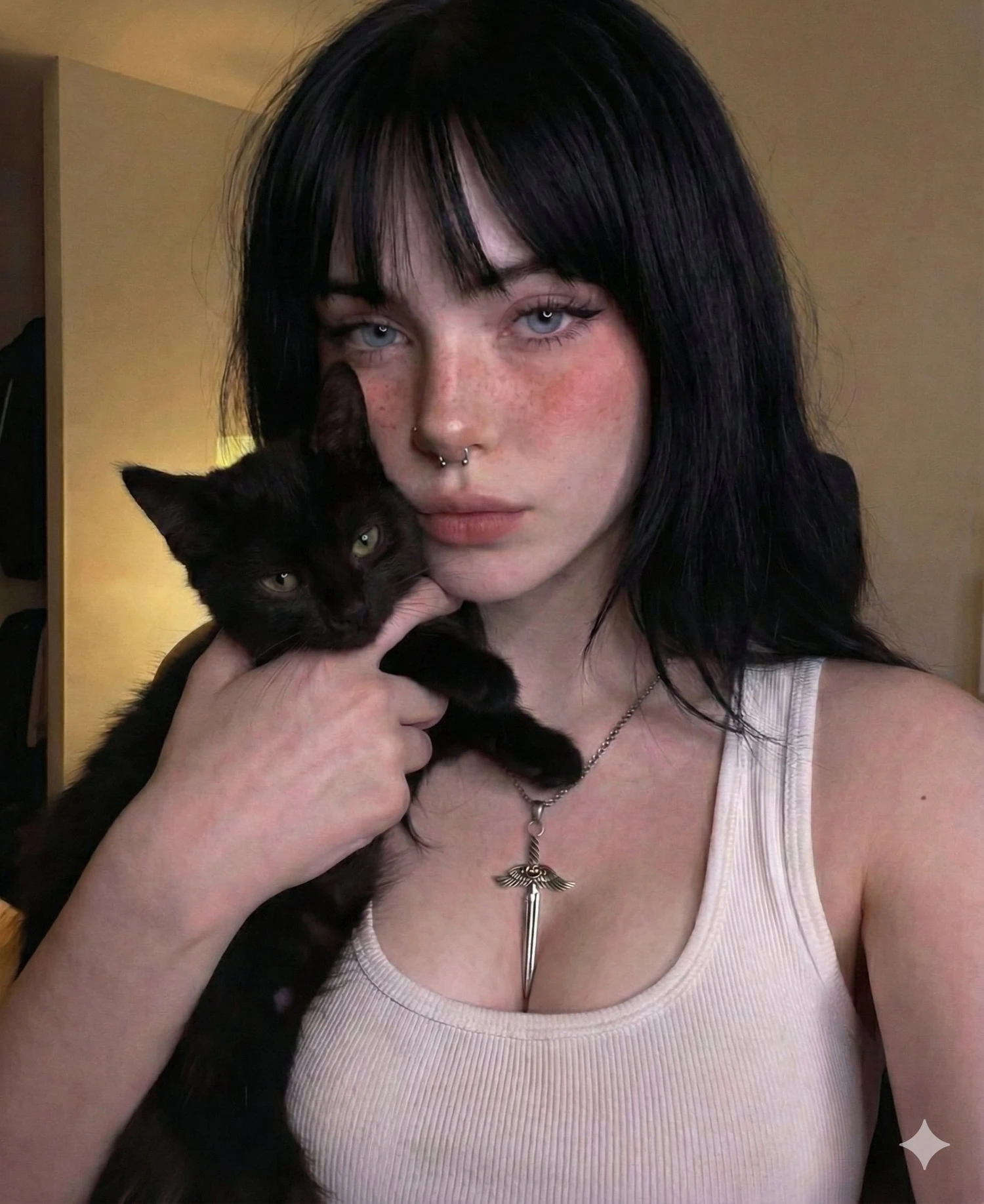黑发少女抱黑猫自拍