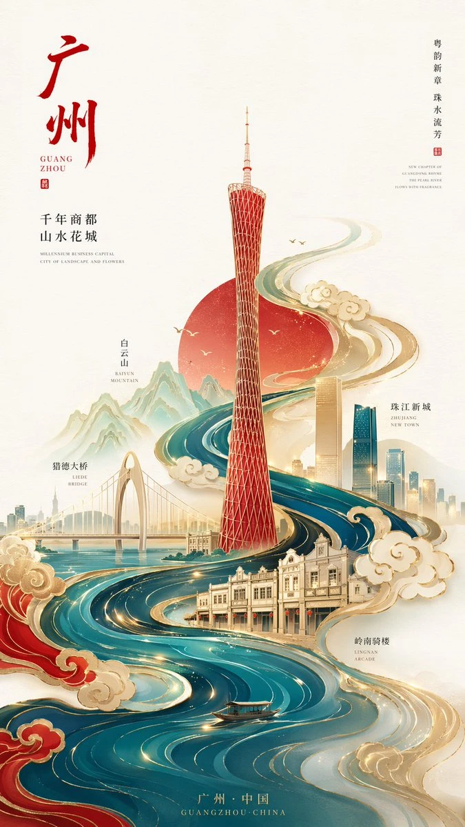 新中式极简风格广州城市海报
