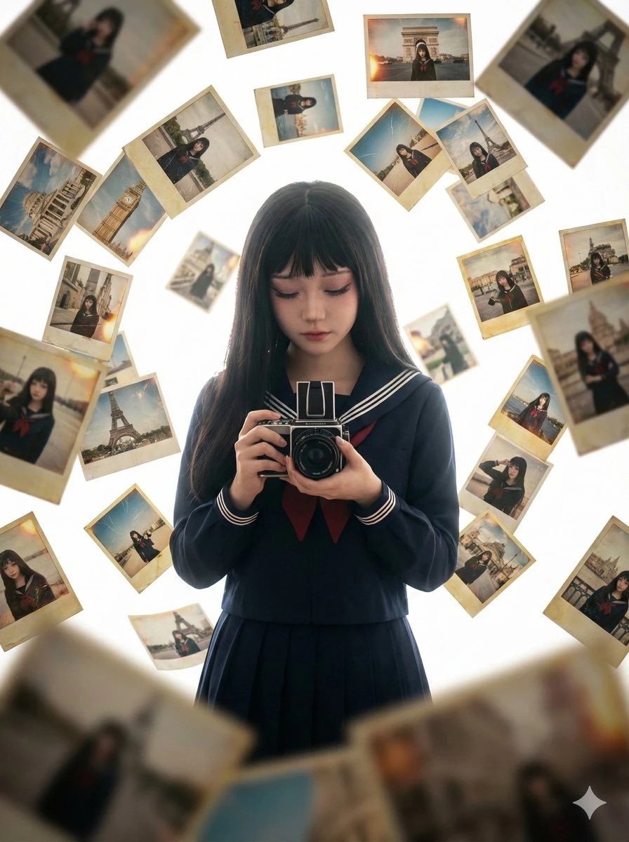 少女持复古相机,环绕全球地标自拍,梦幻悬浮极简构图