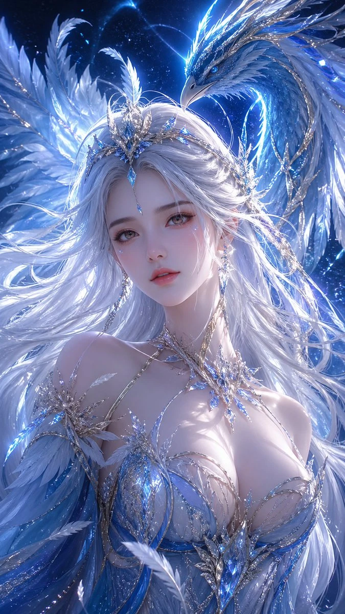 幻想神鸟银发女神3D CG插画