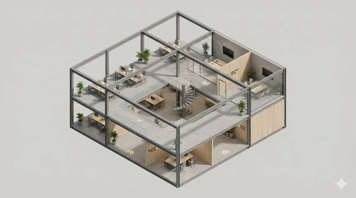 极简3D等距剖面建筑模型,展示内部结构与功能空间