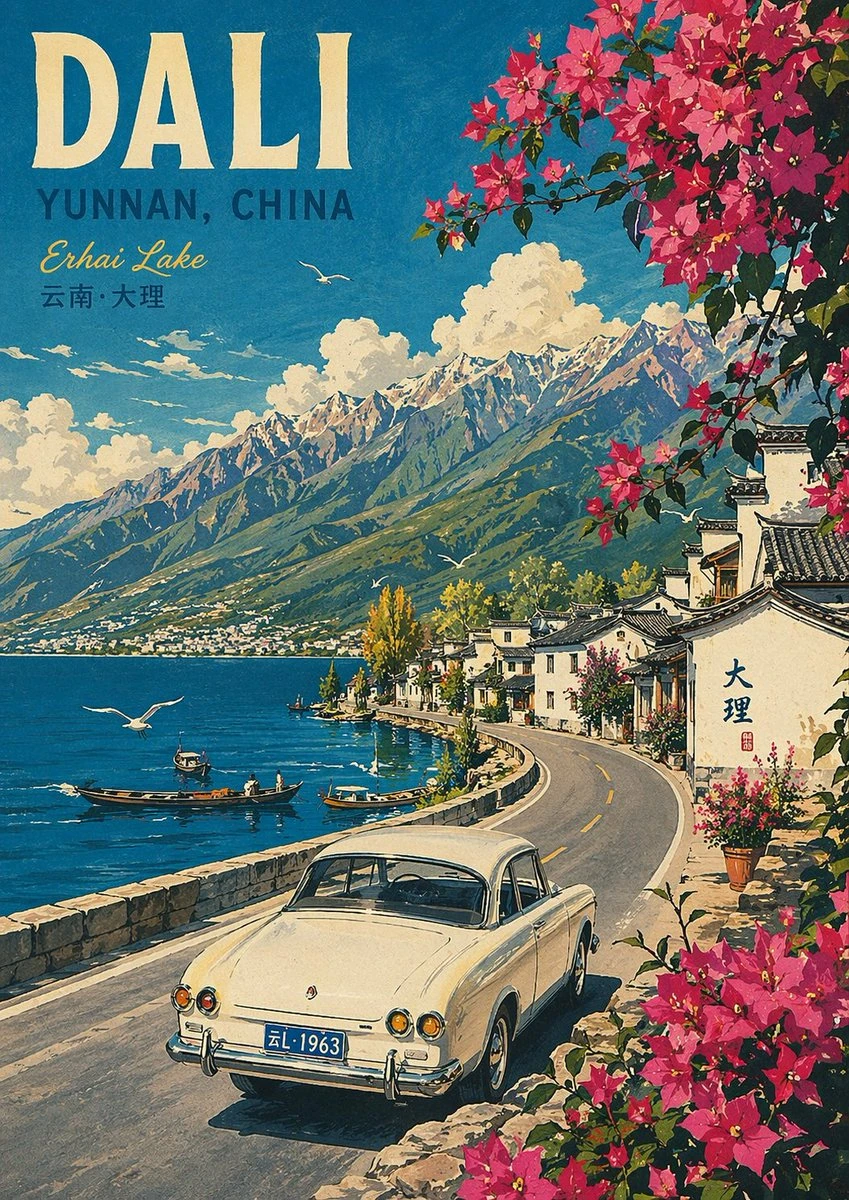 大理洱海复古旅行海报