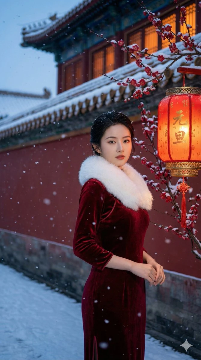 雪中红墙旗袍美人