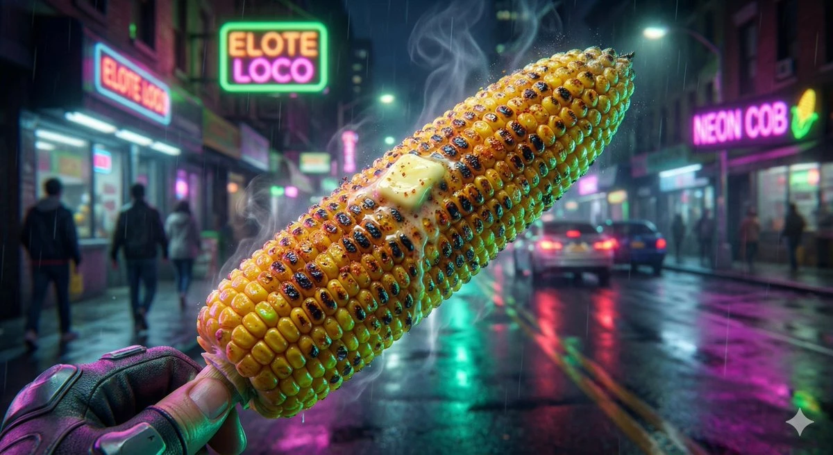 霓虹雨夜街头美食广告,赛博朋克风格视觉呈现