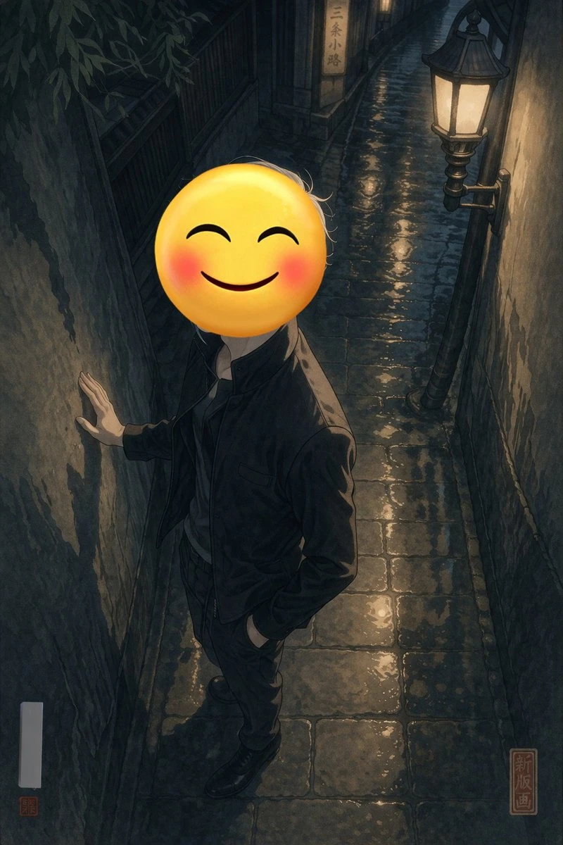 雨夜巷中戴笑脸emoji的人物