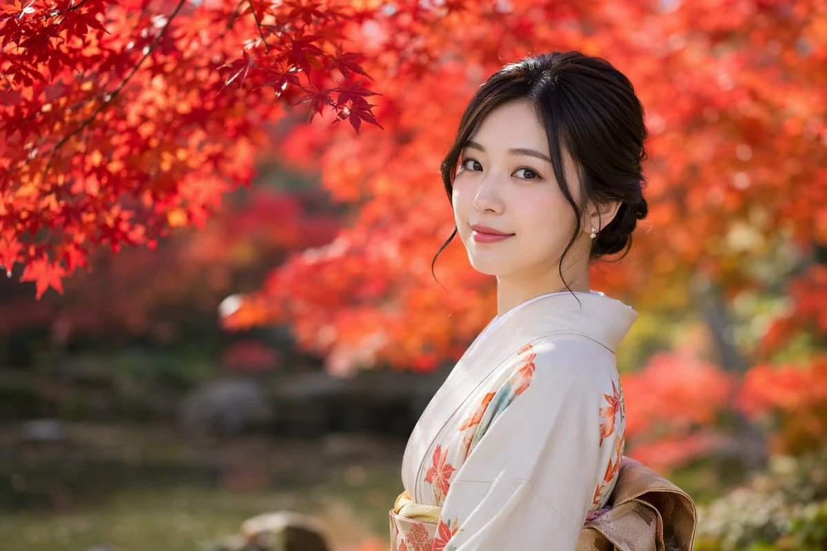 秋日红叶下的和服少女