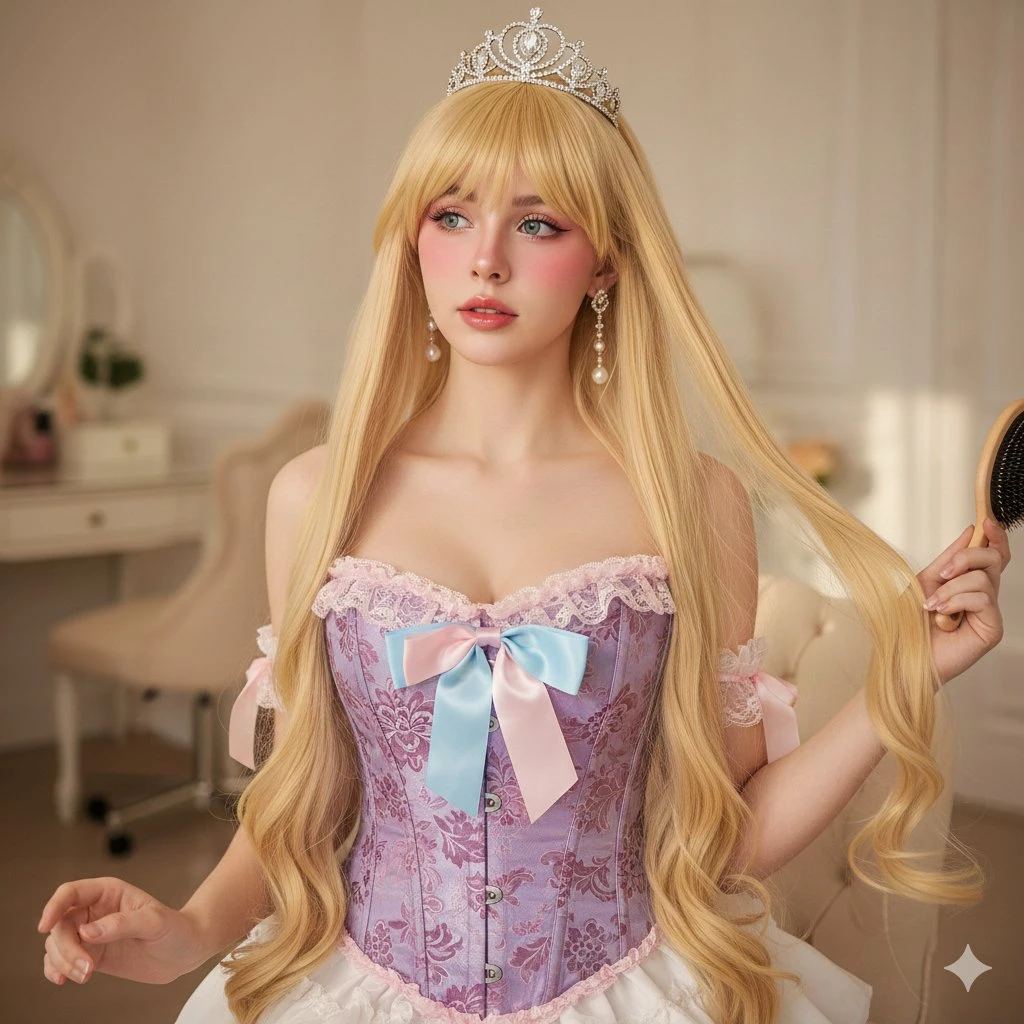 公主风写真:金发少女戴皇冠梳妆