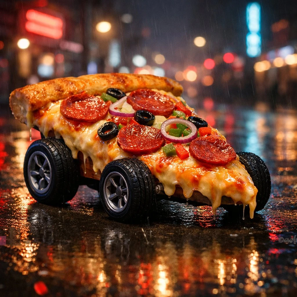 披萨变汽车,雨夜霓虹街头驰骋的赛博美食幻想