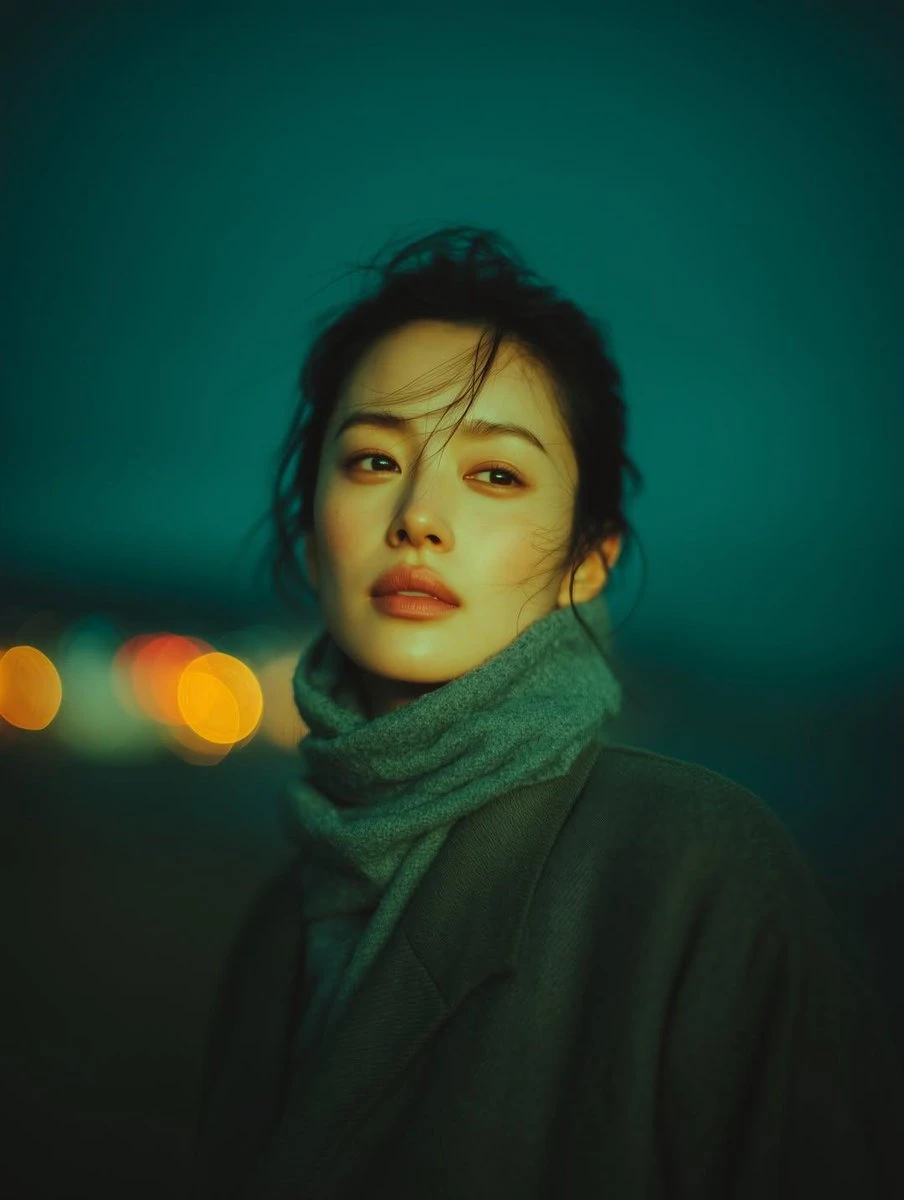 夜色光影中的女性肖像,氛围感十足